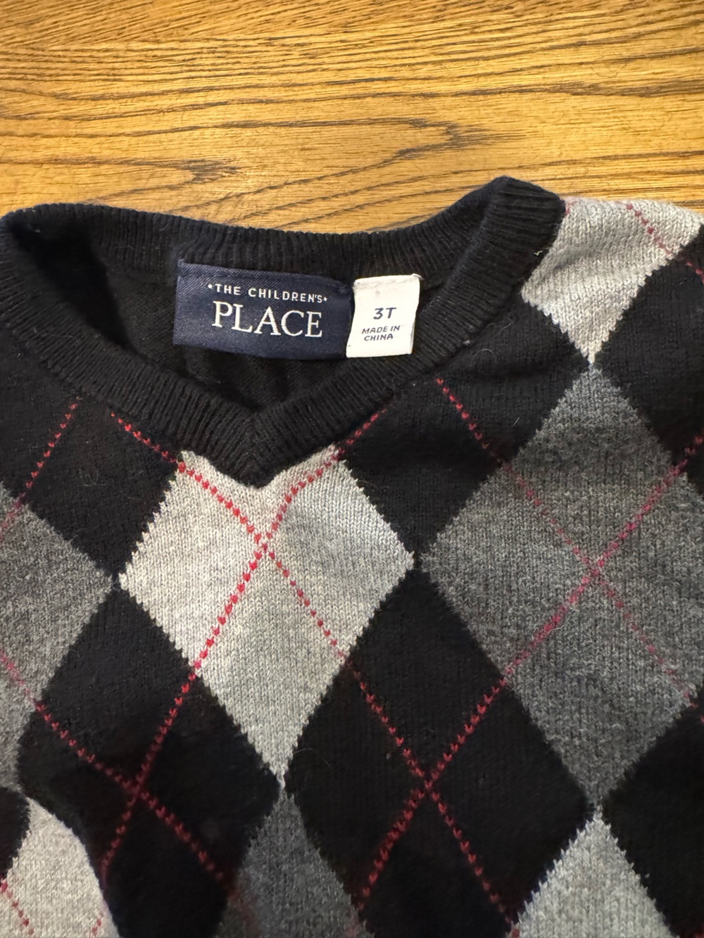 The Children's Place Black Argyle V-Neck Sweater with Gray, White & Red Accents - Picture 3 of 3